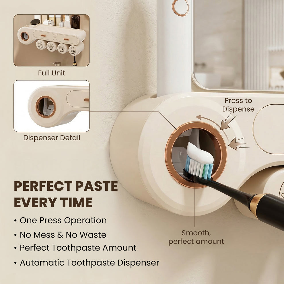 Wall Mounted Toothbrush Storage Holder | Mounted Organizer Plastic Brush Stand | Bathroom Accessories Set Toothpaste Dispenser | Built-in Drawer- Cream