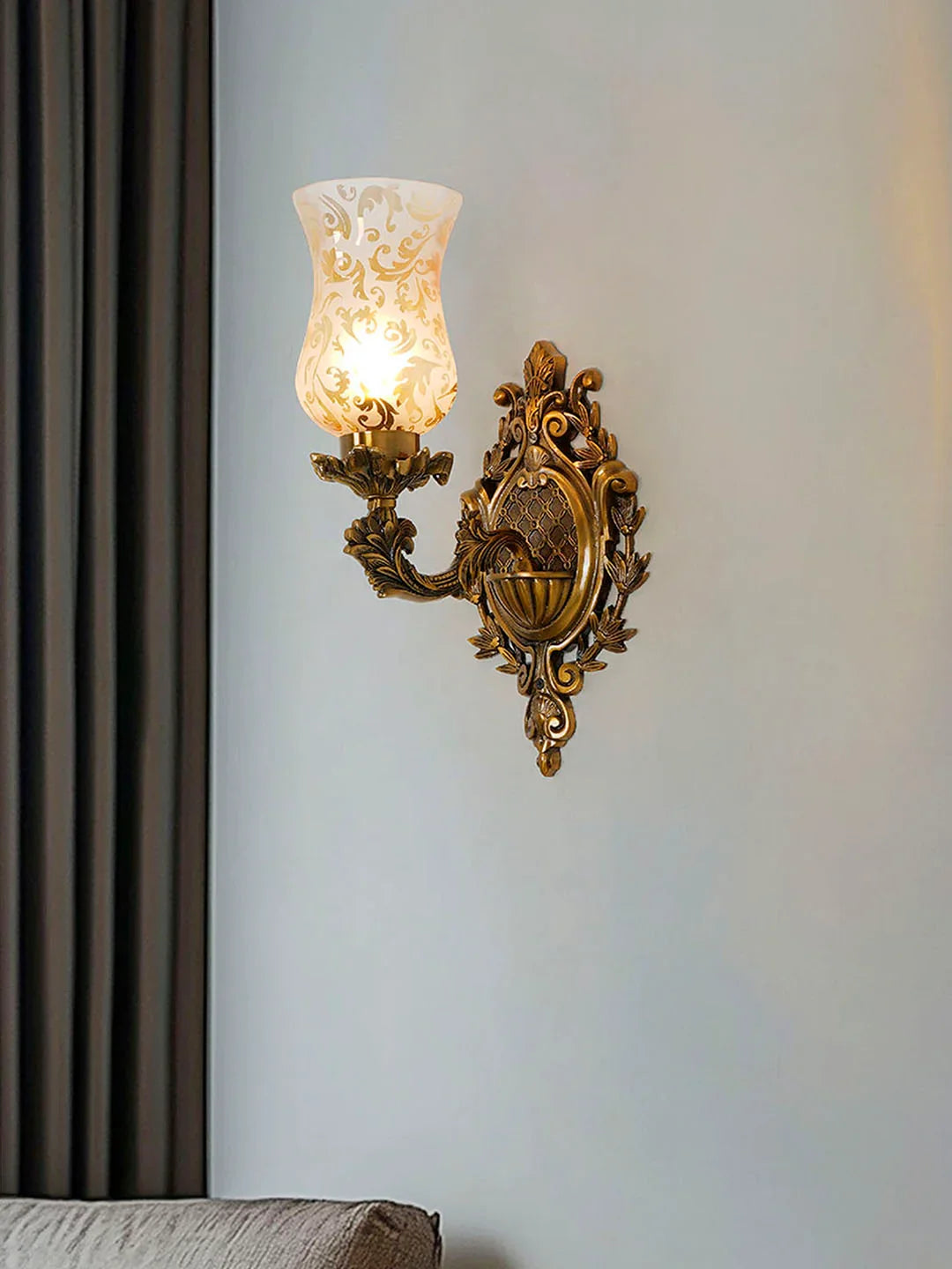 Antique Cast Aluminium Traditional Uplight Wall Sconce with Golden Etched Glass