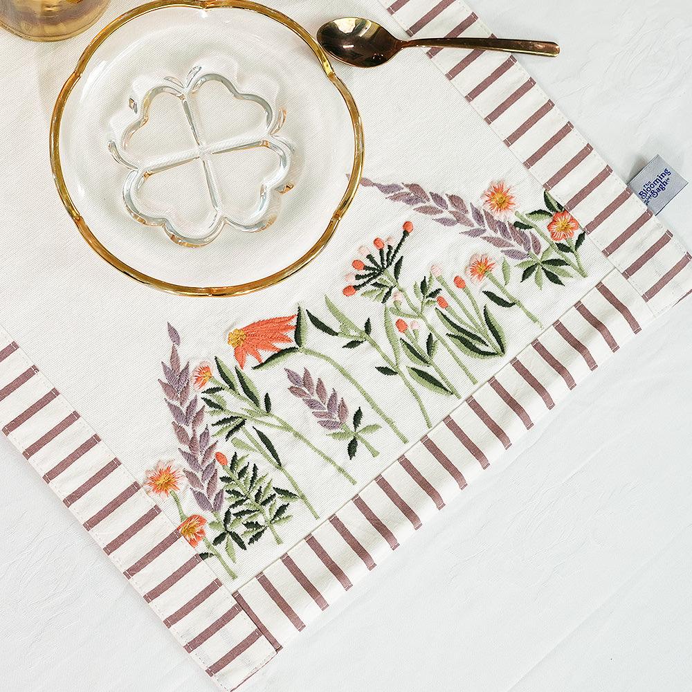 Spring Fields Dining Table Runner | Hand Embroidered Cotton Table Runner with Printed Border