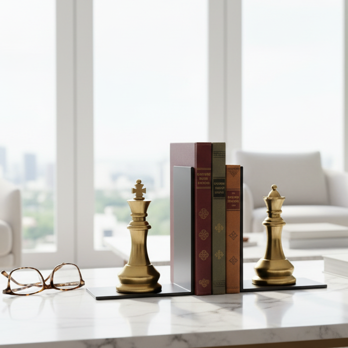 Orlian King & Queen Chess Bookends | Luxury Gold Decorative Book Holders
