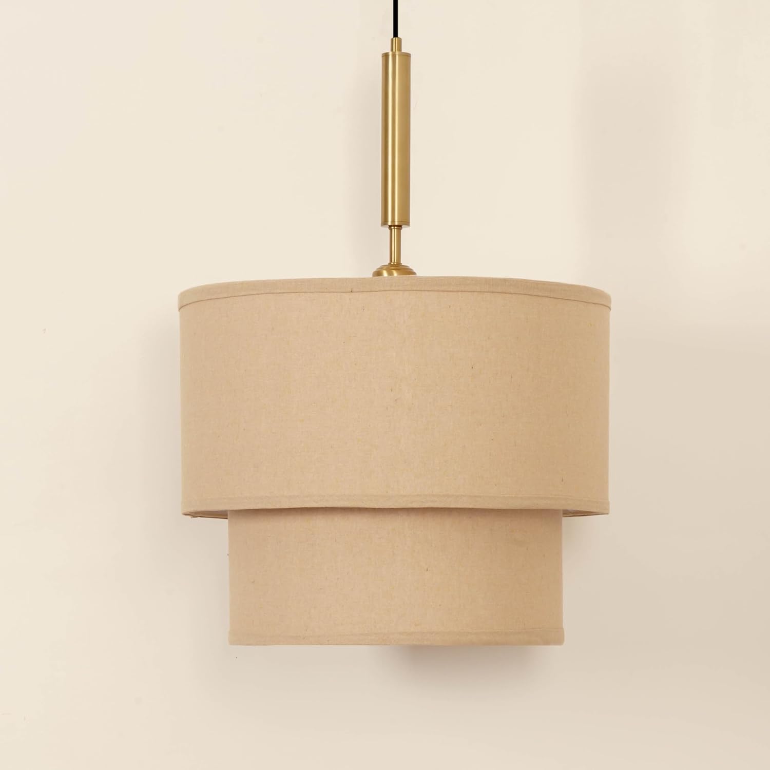 Double Beige Cotton Fabric Pendant Hanging Light Antique Brass Finish for Home Decoration, Restaurants, Cafes