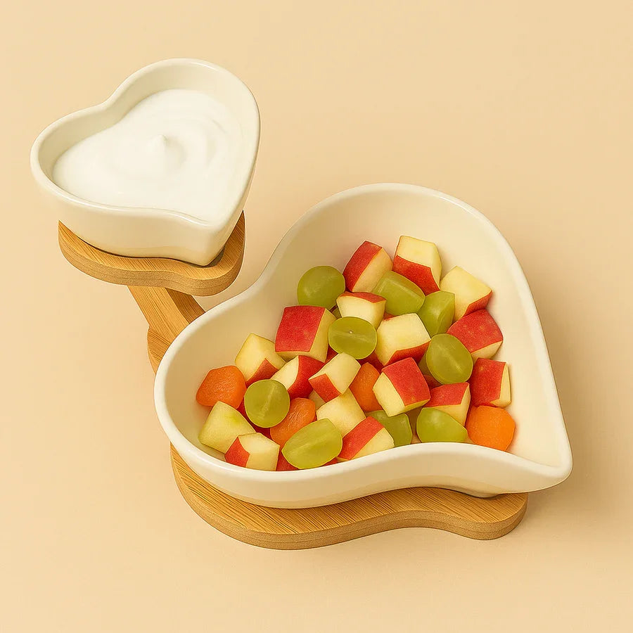 Heart Shaped Ceramic Bowl Set with Wooden Stand | Snack & Dip Server | Chips, Salsa & Dry Fruit Tray