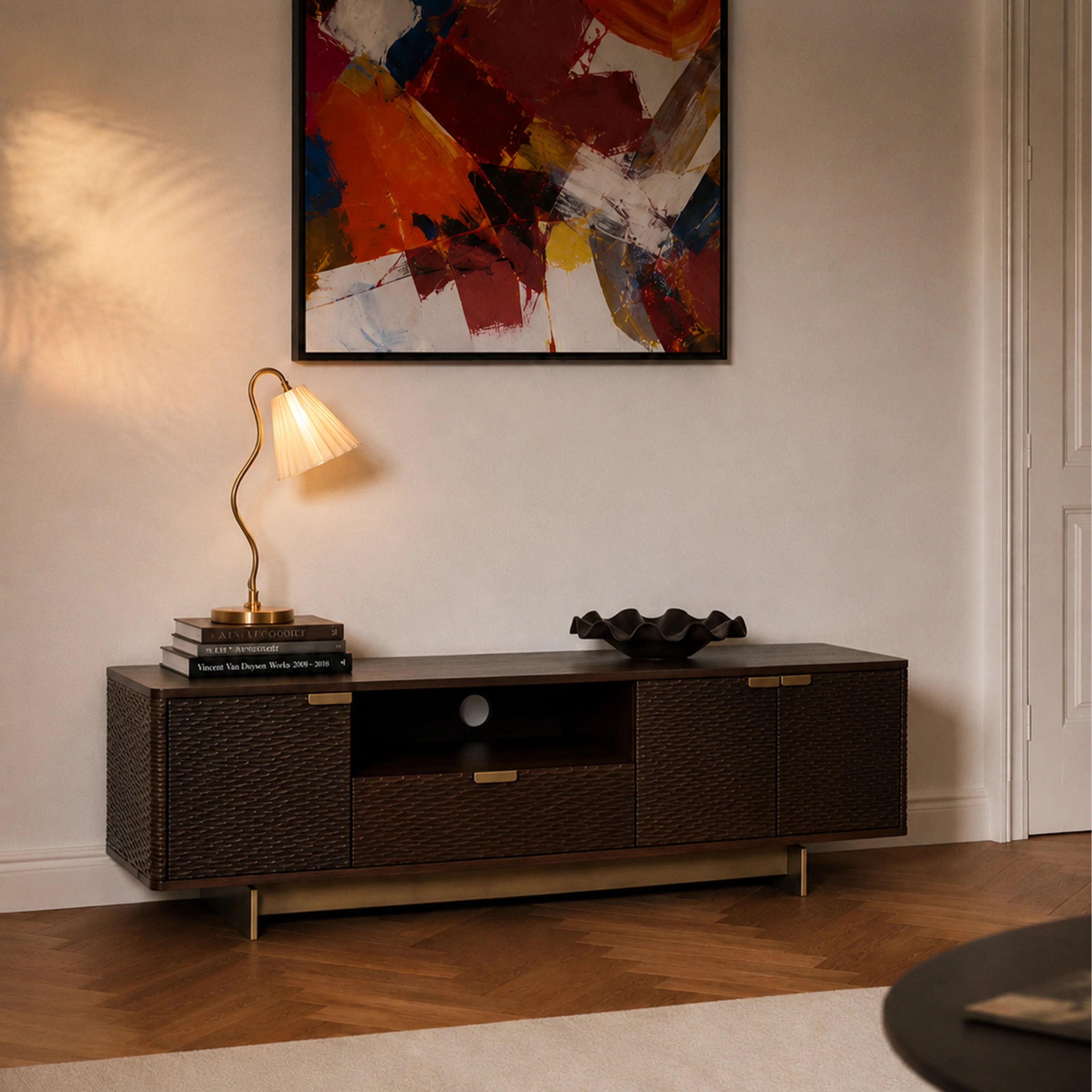 Sculpt TV Unit | Acacia Wood, Stainless Steel, and Brass