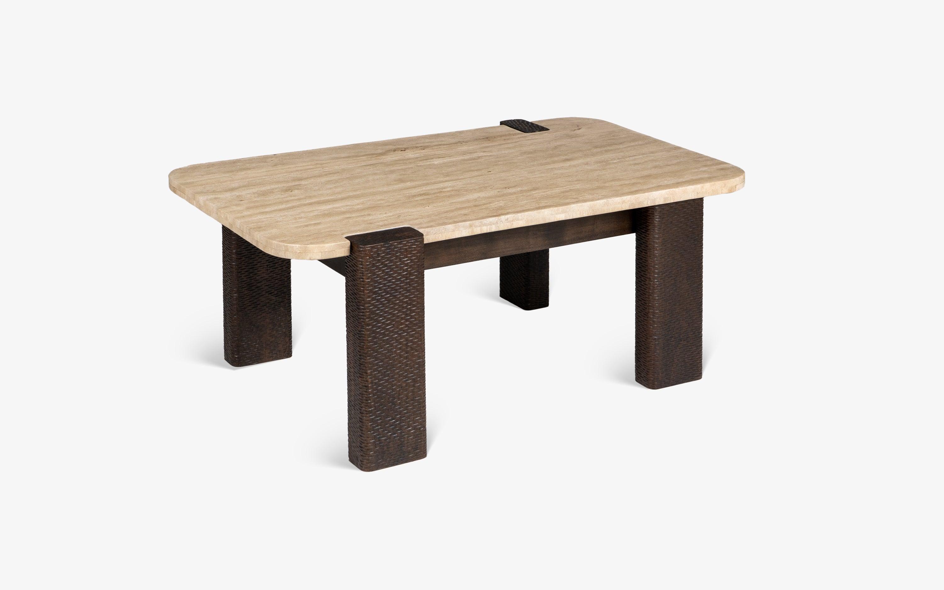 Sculpt Edge Coffee Table | Acacia Wood and Travertine Marble