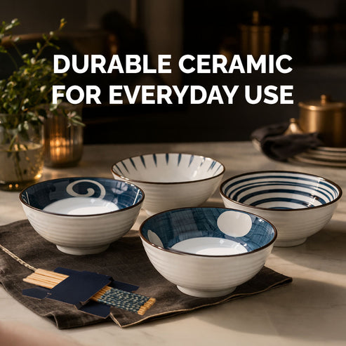 250ml Ceramic Bowl Set of 4 with 8 Chopsticks | 11.3 cm Snack & Rice Bowls | Microwave & Dishwasher Safe | BPA & Lead-Free | Ideal for Dal, Fruits, Salad & Serving