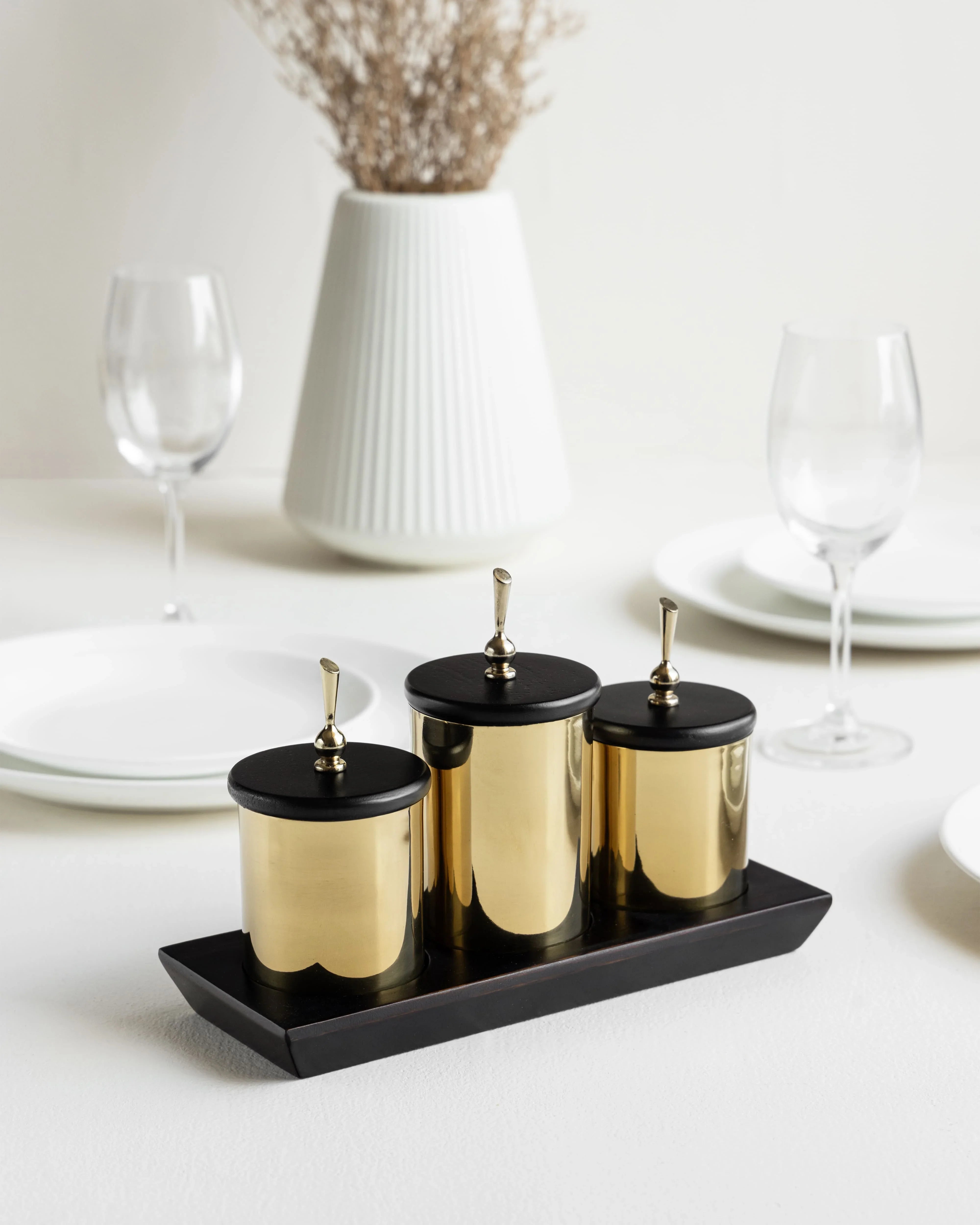Brass Condiment Server Set | Handcrafted Wooden Tray with Brass Containers