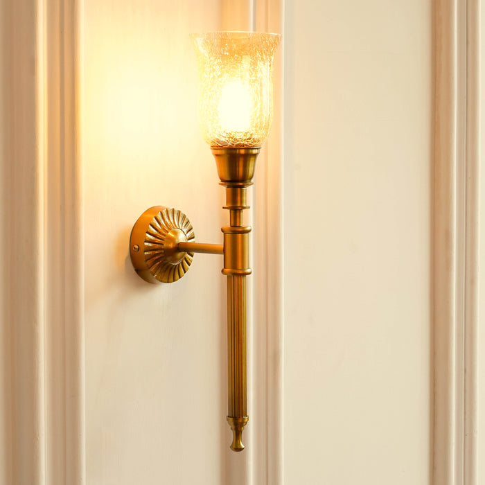 Brass Antique Finish Corrugated Wall Lamp with Chimney Crackled Glass Golden Luster Shade