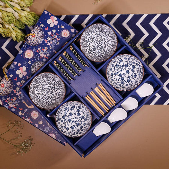 Japanese style Ceramic Rice Bowl Set | Serving Bowl | Ramen Bowl with Chopsticks (Set of 12)