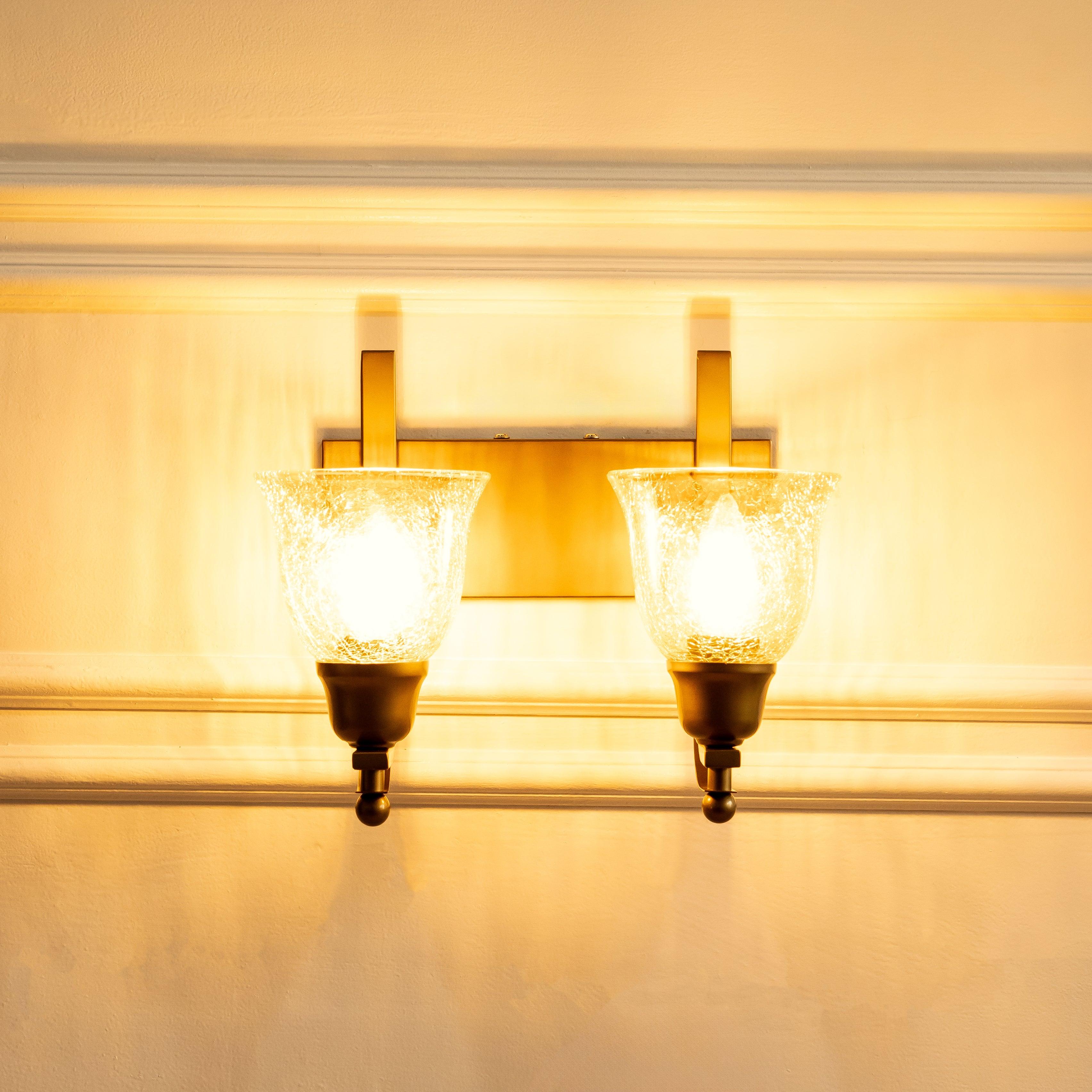 Brass Antique Finish Double J Wall Lamp with Glass Golden Luster Shade | Wall Light for Living Room