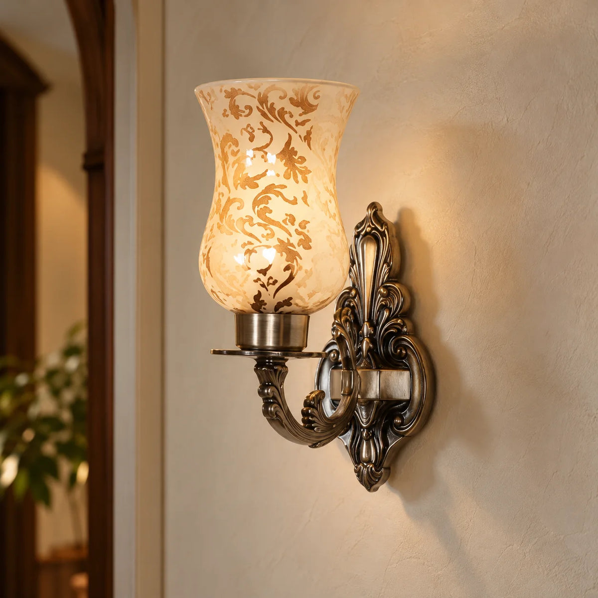 Traditional Meena Aluminium Single Light Wall Sconce with Golden Etched Glasses