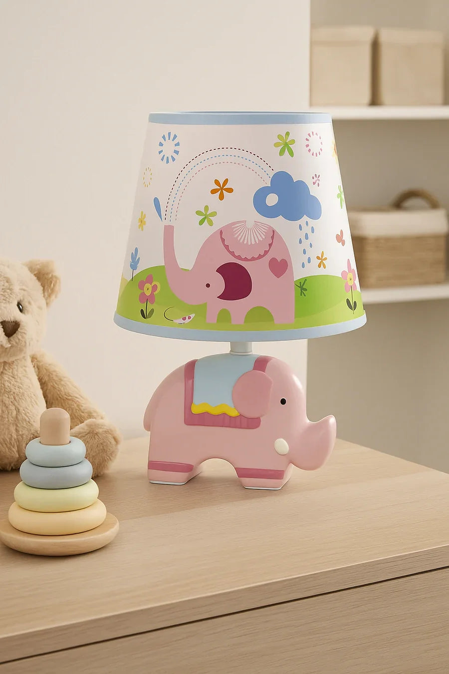 Adorable Elephant Kids Table Lamp – Ceramic Base with Printed Fabric Shade, 32 cm × 22 cm