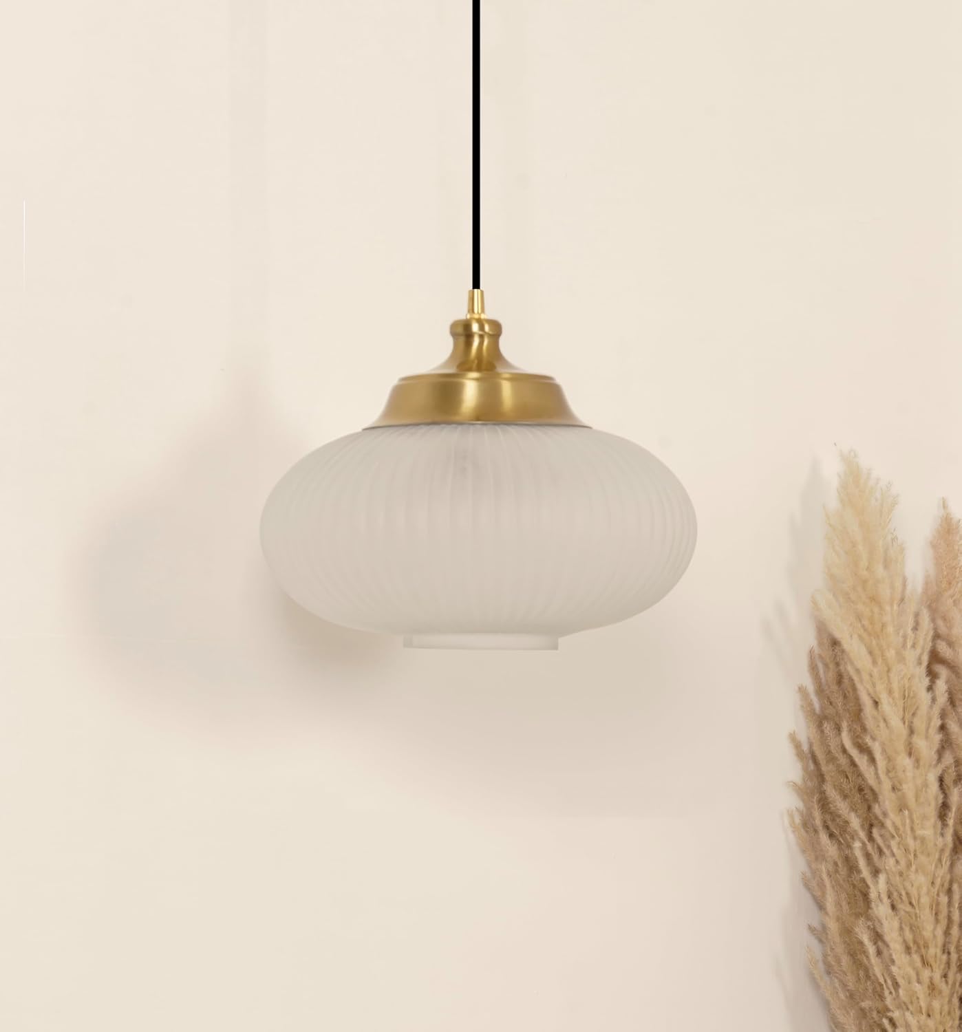 Ribbed Green Melon Glass Hanging Pendant Light Antique Brass Finish for Living Room, Bedroom, Home Decoration and Kitchen