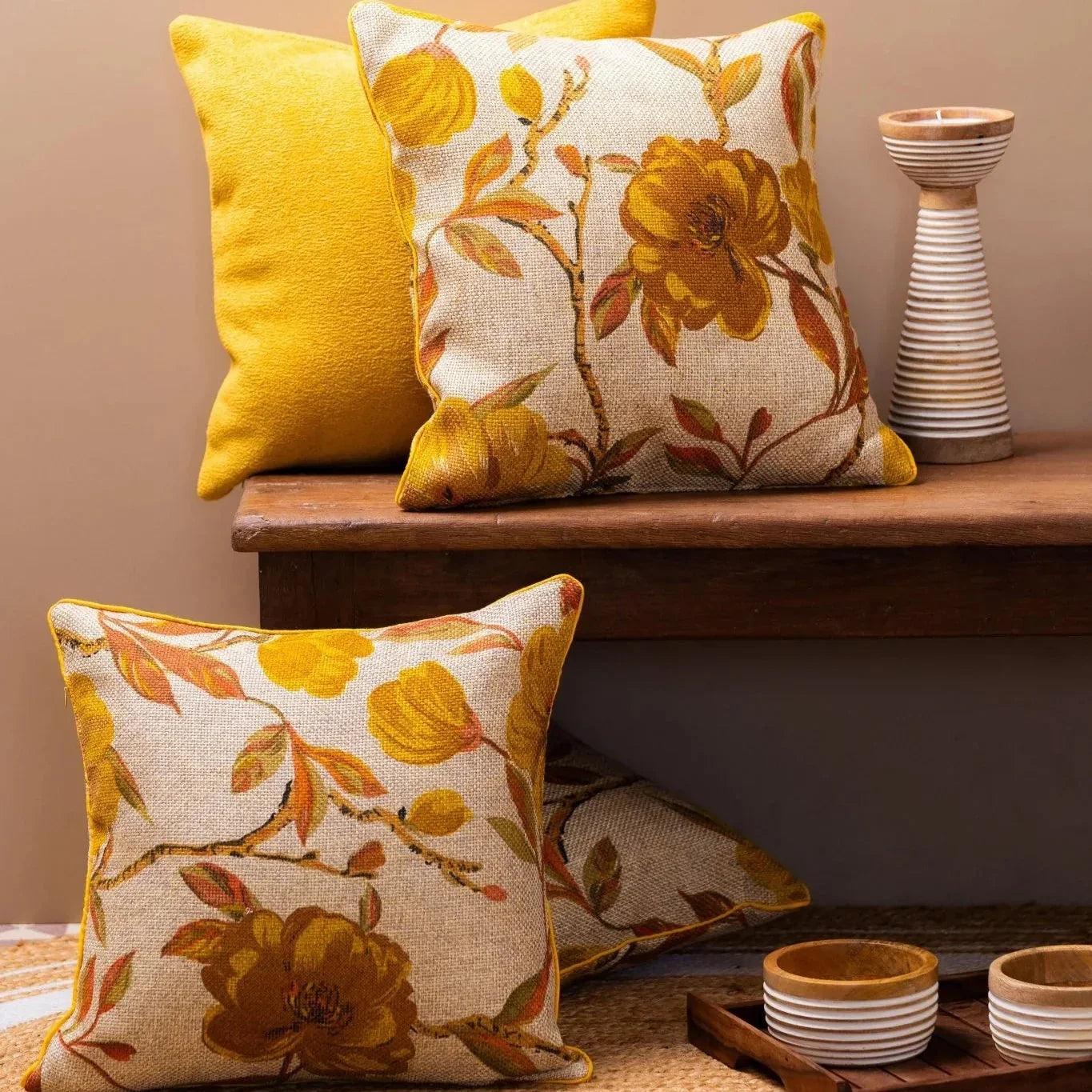 Jute Yellow Floral Cushion Cover