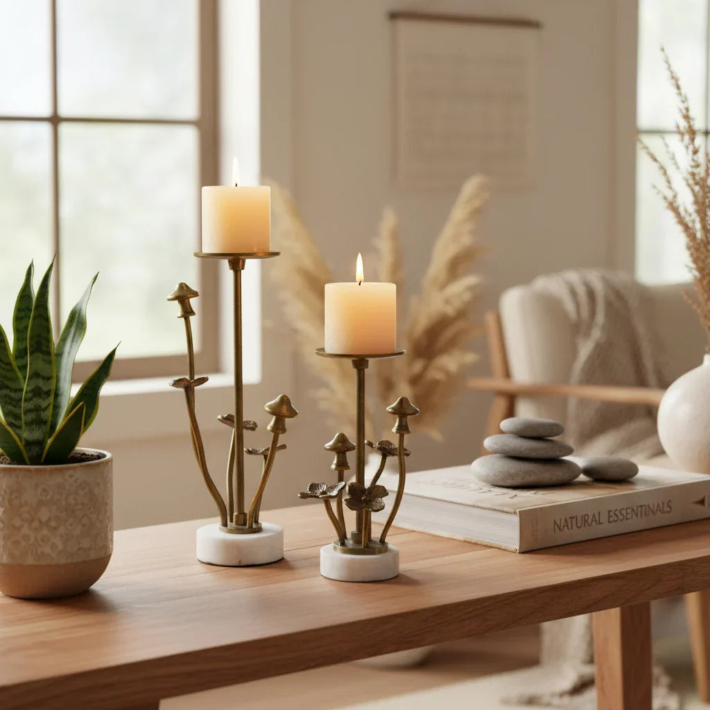 Sprout Candle Holder Set of 2 | Antique Brass Finish Decorative Candle Stands for Home Decor