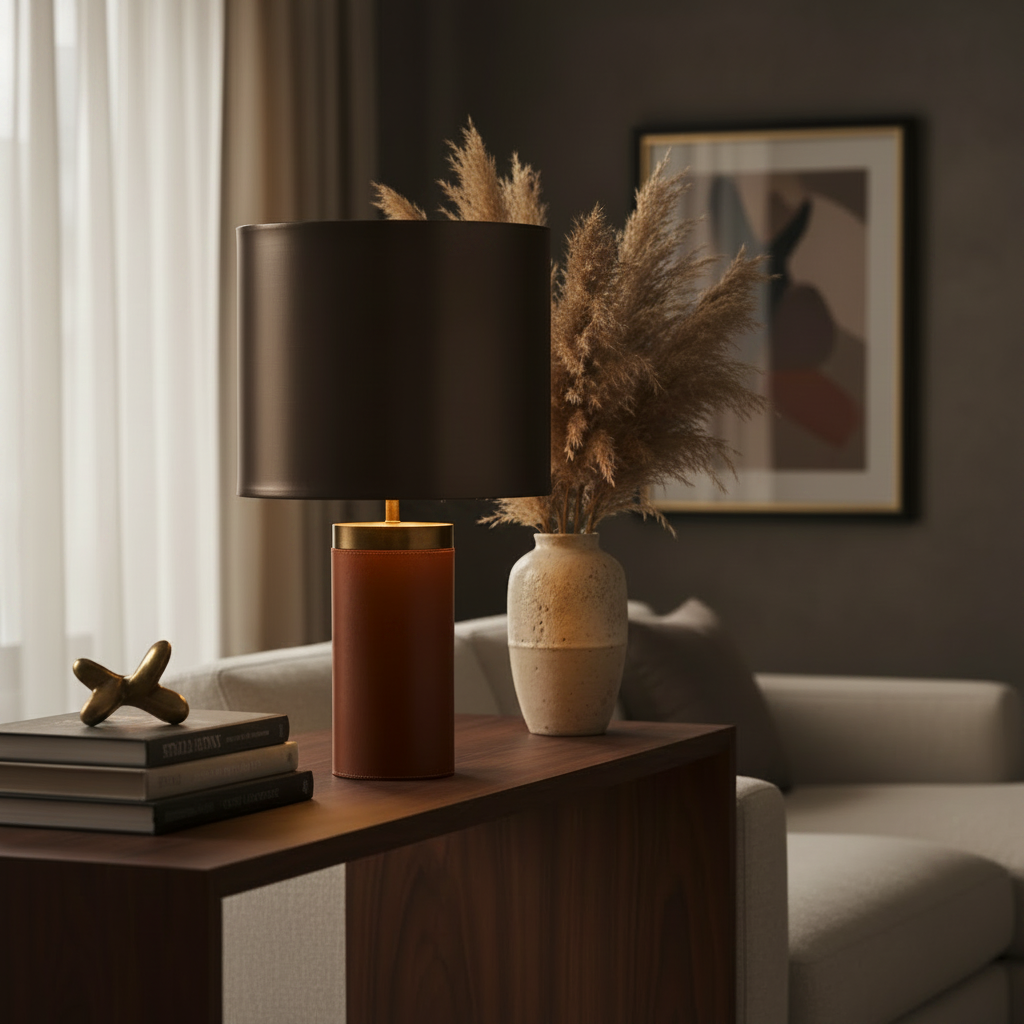 Hermes Table Lamp | Steel & Vegan Leather Designer Lamp with Brushed Brass Finish