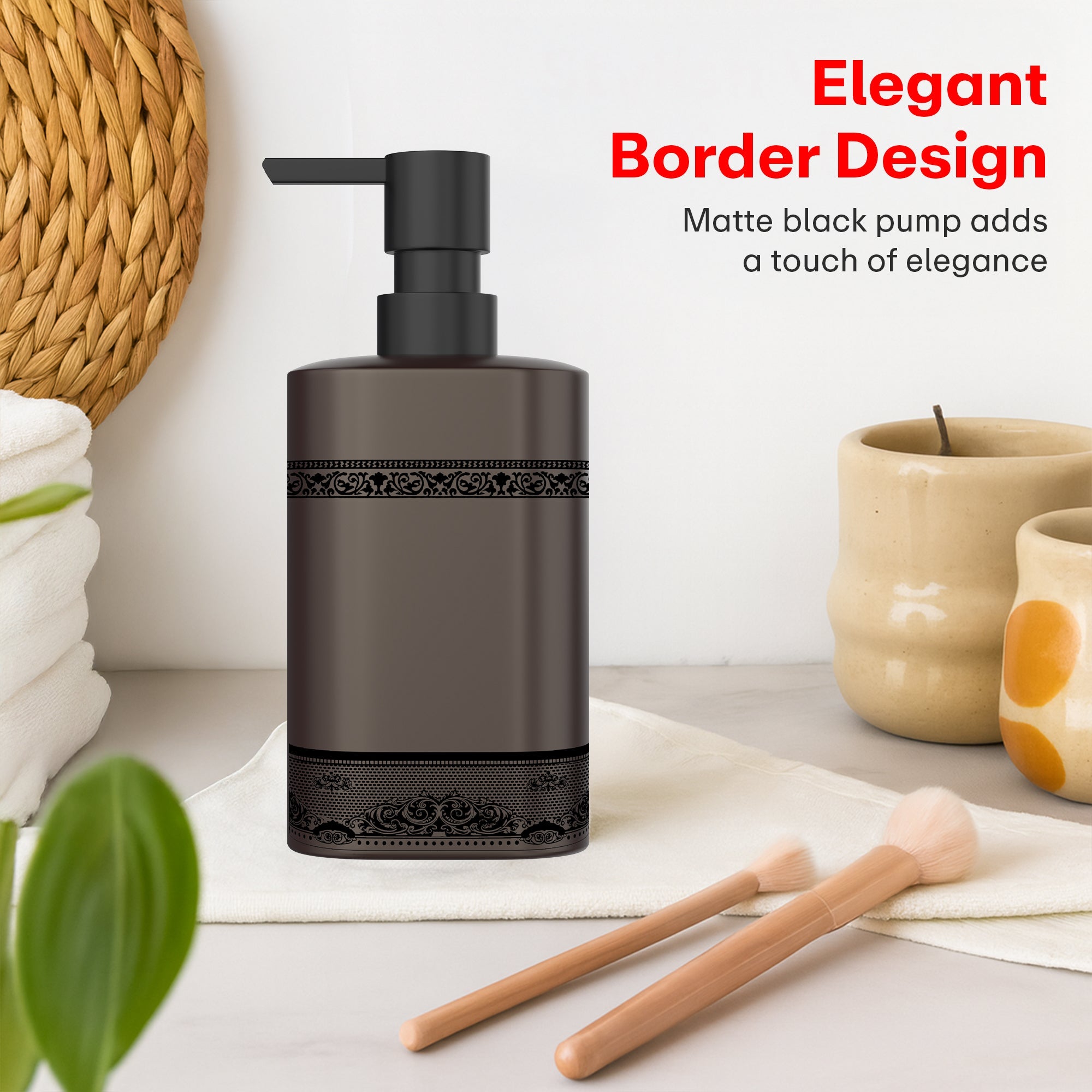 Rioware Outdoor Living Ceramic Liquid Soap Dispenser, 300ml, Multipurpose Refillable for Hand Wash, Dish Wash, Shampoo, Kitchen, Bathroom, and Household Use Pack of 1, Grey with Matte Black Accents
