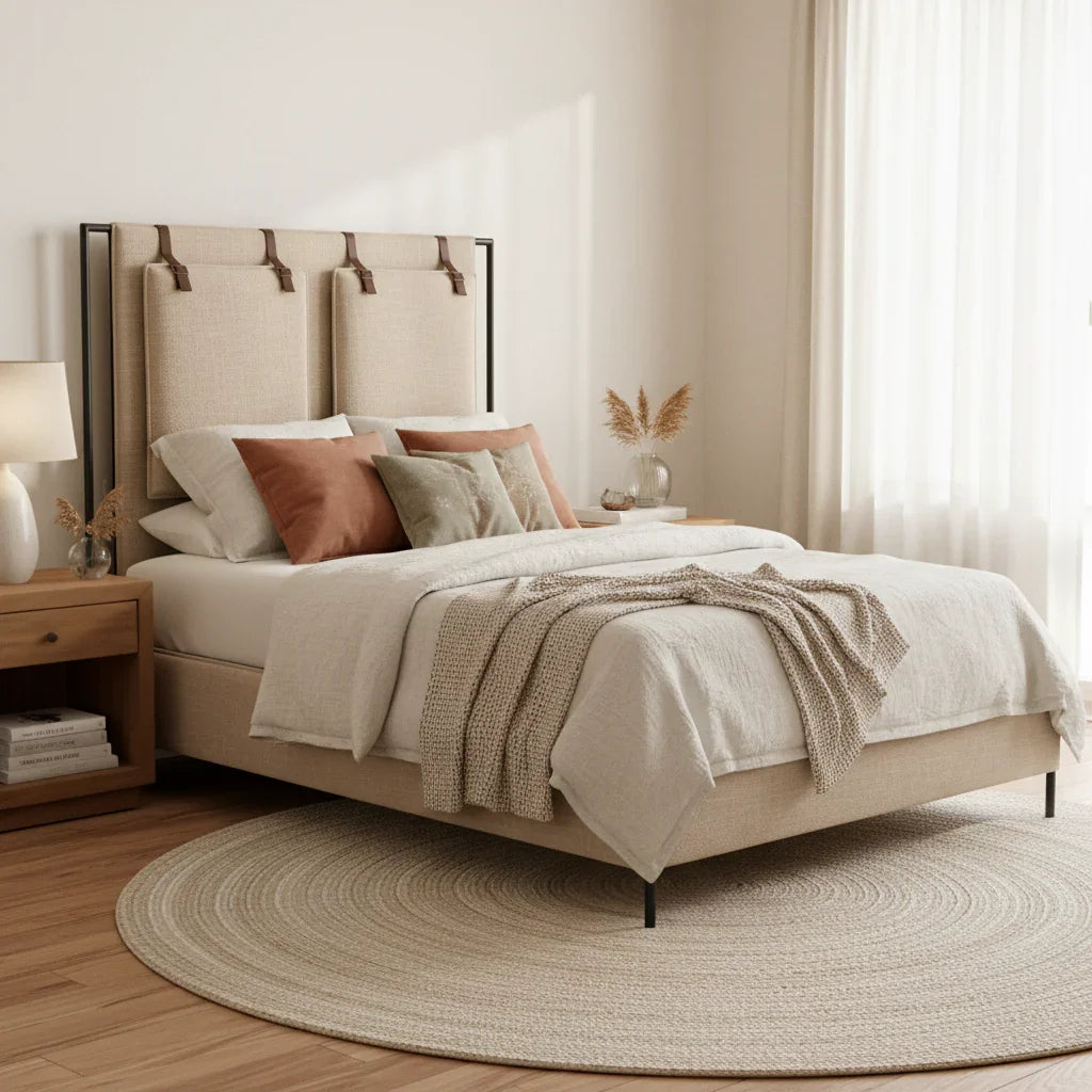 Zynara Fabric Upholstery And Black Finished Metal Legs King Size Bed