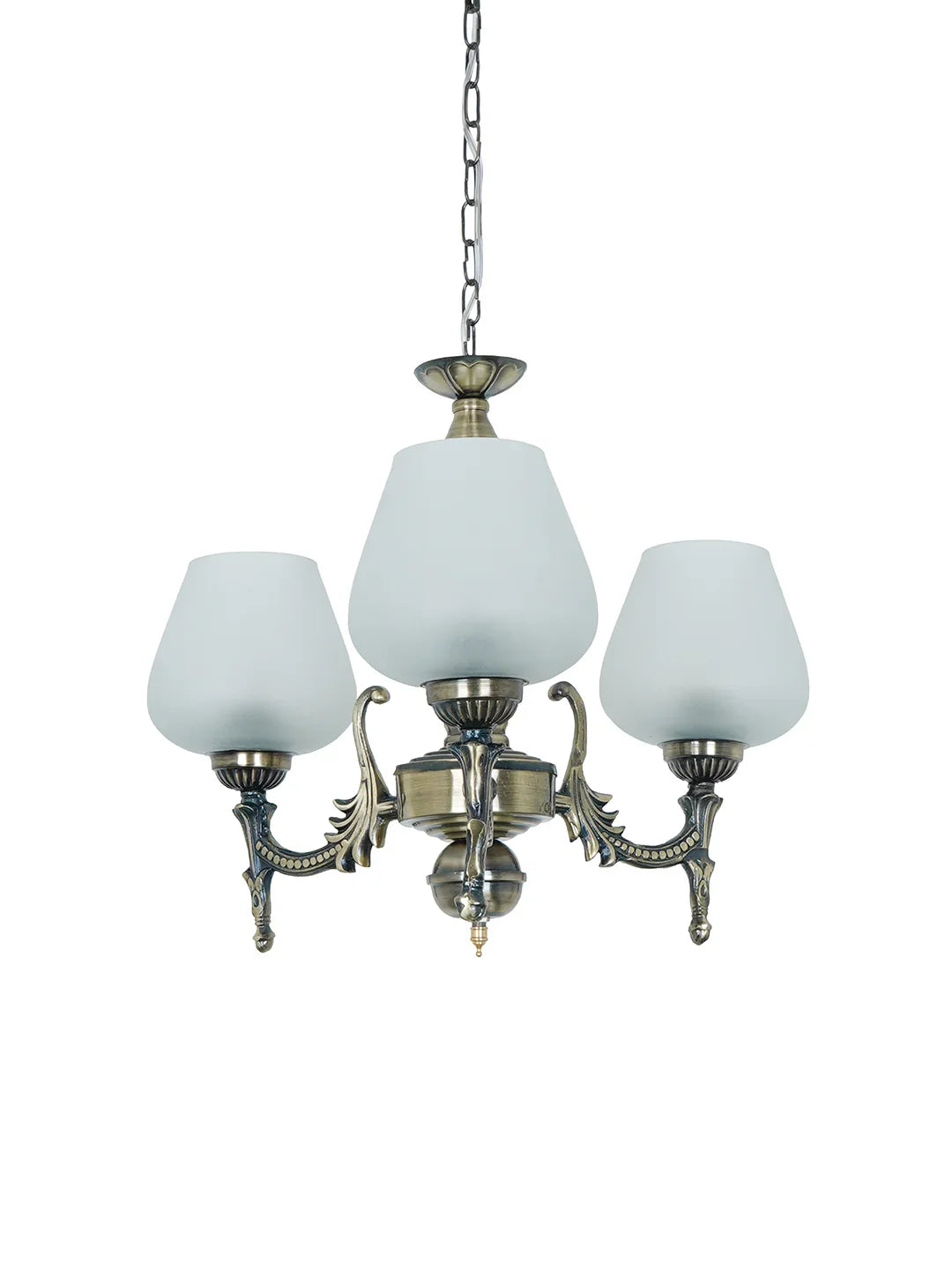 Antique Brass 16 Inch Wide Steel 3-Light Mini Ceiling Chandelier Hanging Light With Plain Frosted Goblet Glass Shades