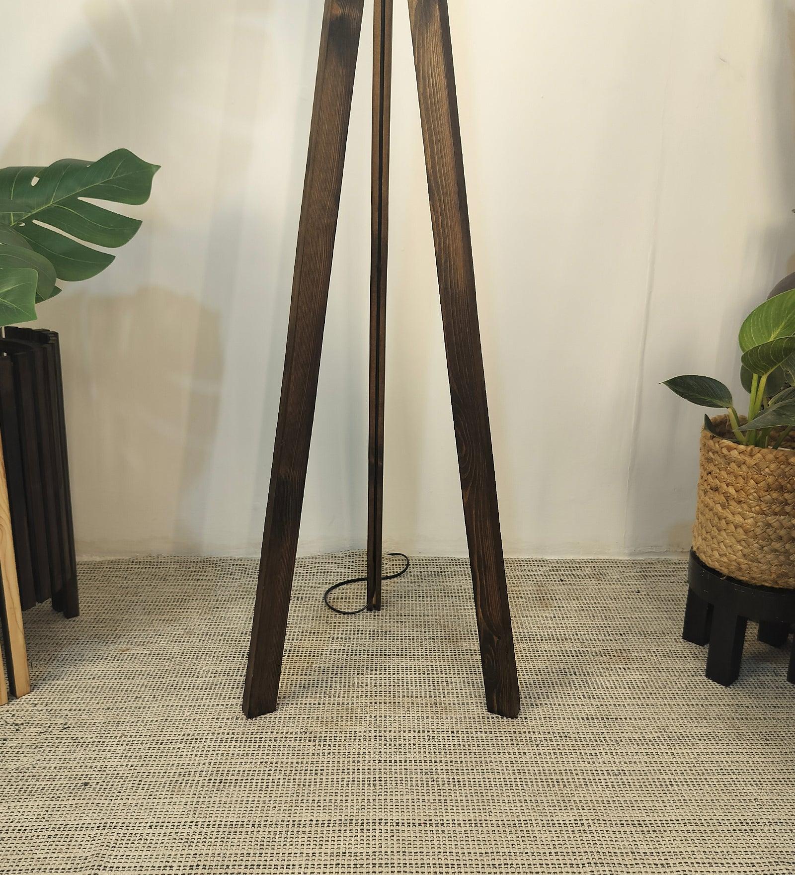 Triune Wooden Floor Lamp with Brown Base and Beige Fabric Lampshade