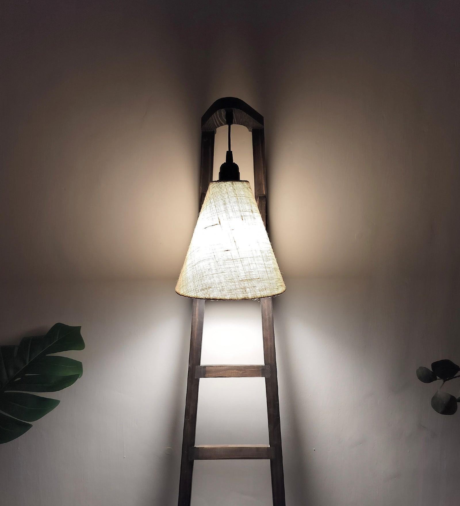 Stairway Wooden Floor Lamp with Brown Base and Jute Fabric Lampshade
