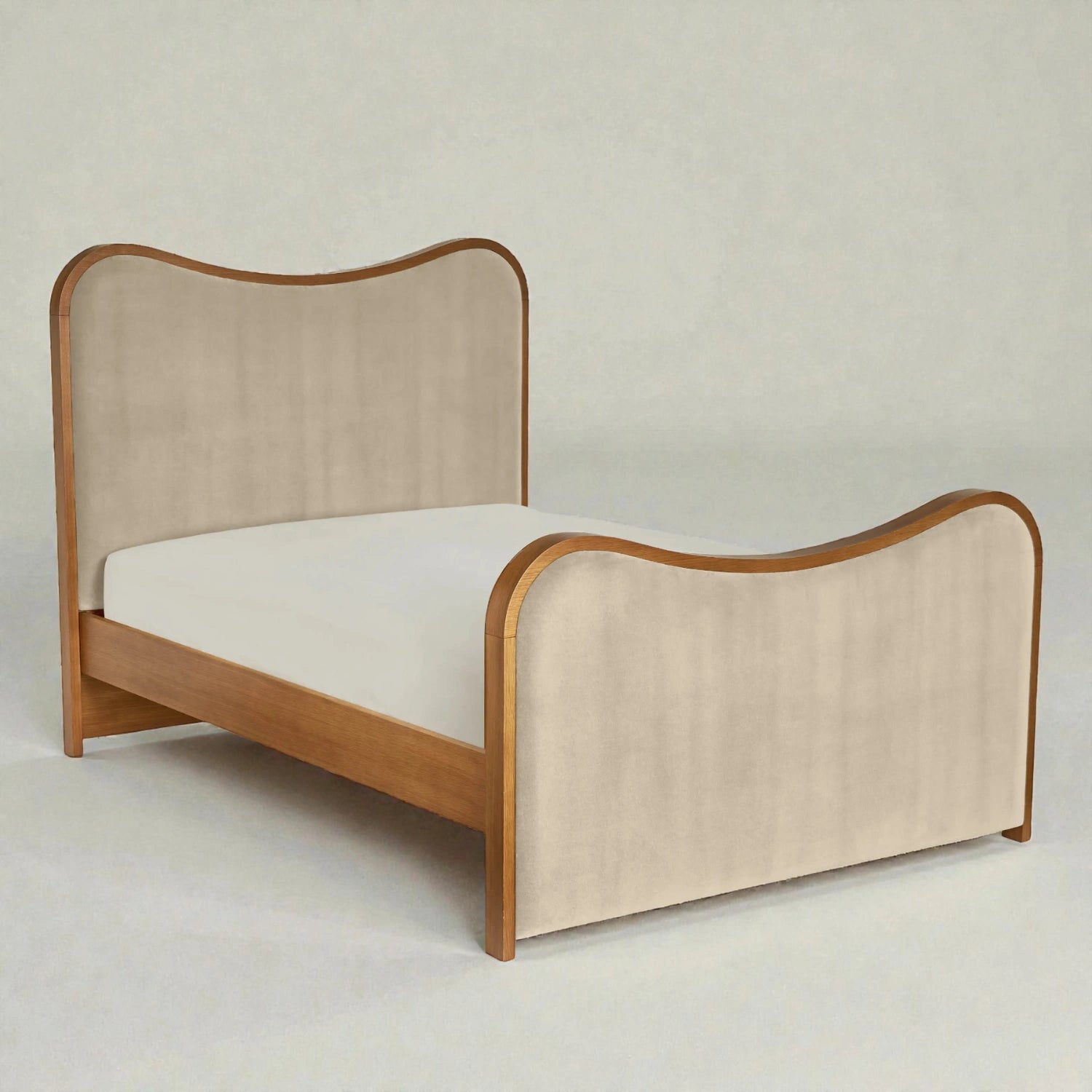 Lumig Solid Teak Wood And Fabric Upholstery King Size Bed