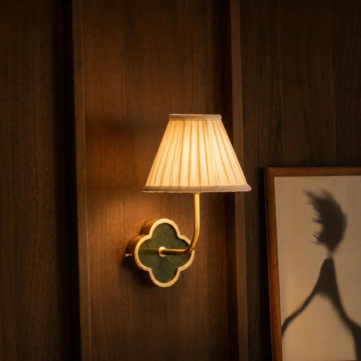 Clover Wall Lamp Light | Gold Wall Sconce with Green Marble & Pleated Fabric Shade