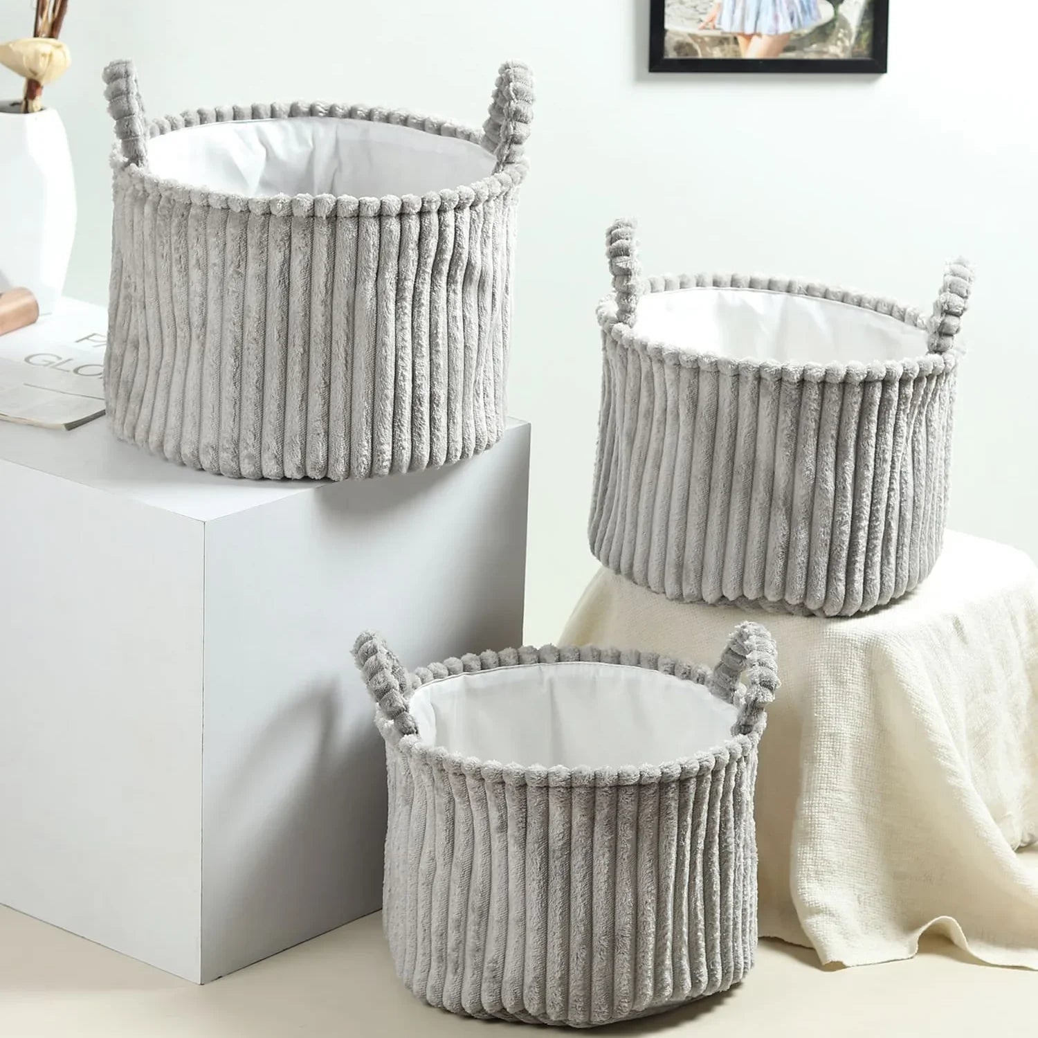 Cloud Weave Fabric Basket Soft Grey Set of 3