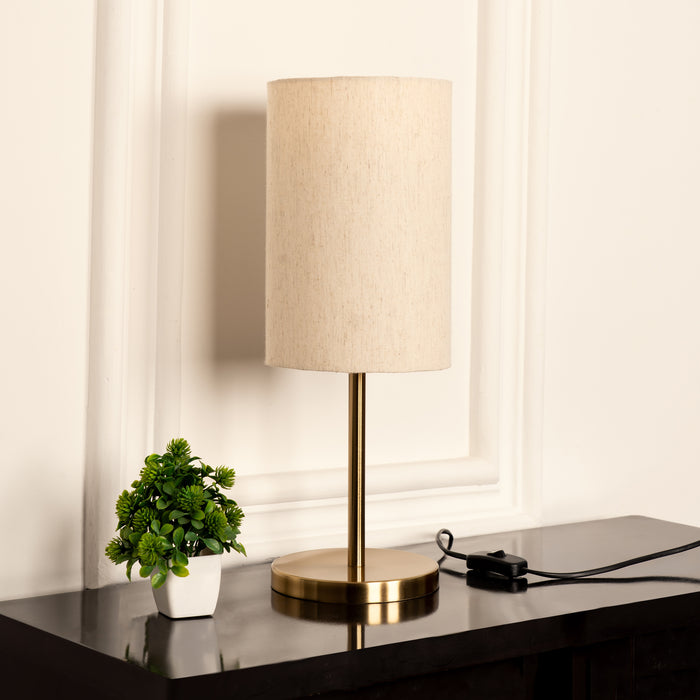 Table Lamp Antique Brass Finish 19 inches Height with Off White Cylinder Lampshade