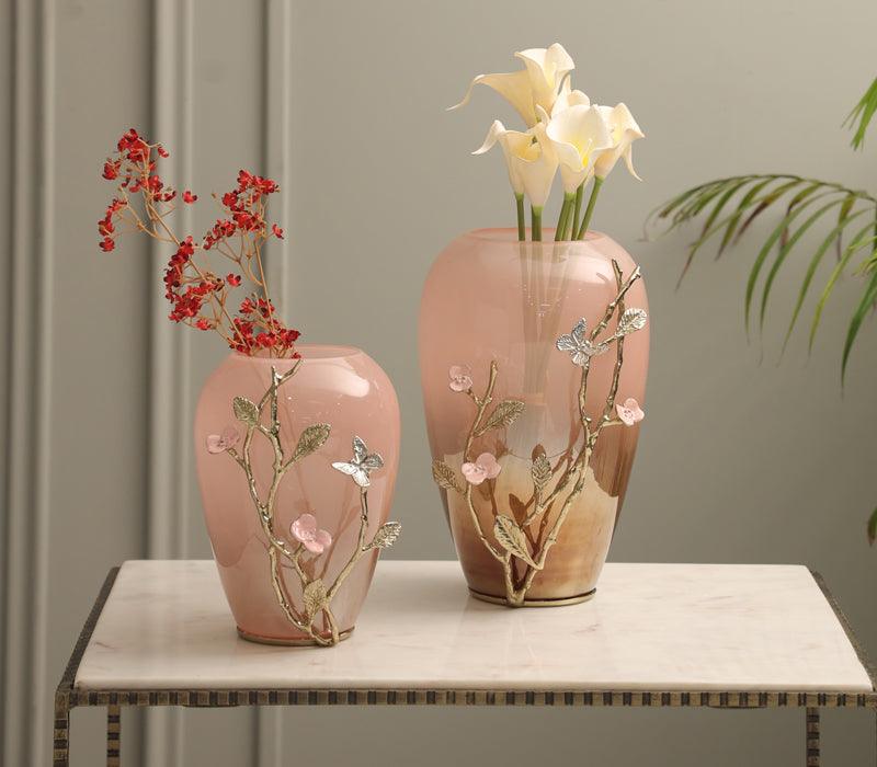 Floral Dream Vase | Gold Finished and Enamelled Brass with Ombre Pink Coloured Glass