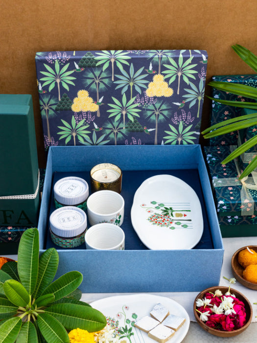 Firdaus Gift Box & Diwali Gifts Set | Cups & Platter, Green Tea | Scented Candle for Home Decor