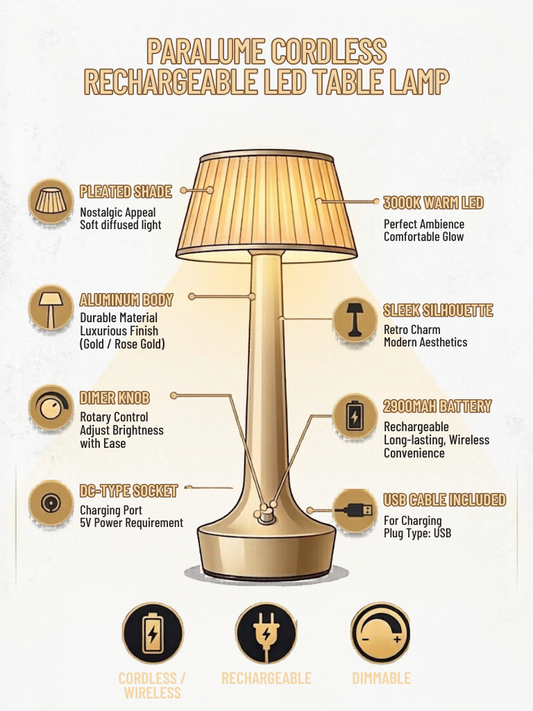 Paralume Cordless Rechargeable LED Table Lamp for Living Room | Retro Modern Design Lamp