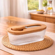 Premium Glass Butter Dish with Wooden Lid, Large Butters Container Keeper Storage with Stainless Steel Knife Spreader, Bamboo Cover and Silicone Sealing Ring for West East Coast