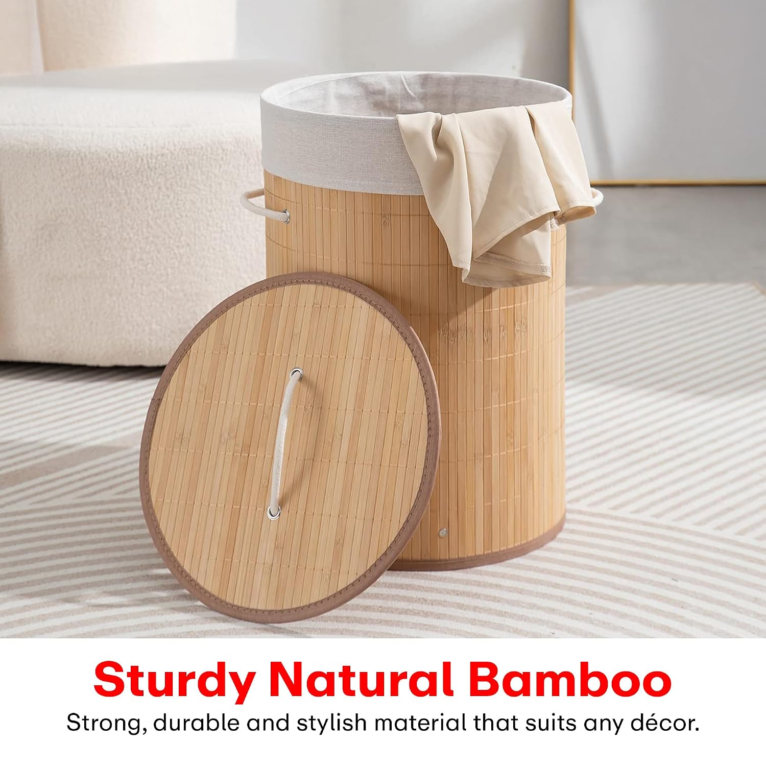 Bamboo laundry bag basket for clothes with lid toy storage organiser box foldable Round Home Organizer and Storage | Eco Friendly | Compact and Easy to carry