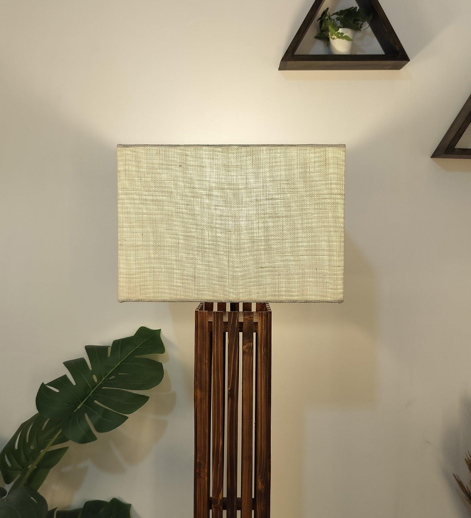 Elegant Wooden Floor Lamp with Brown Base and Beige Fabric Lampshade