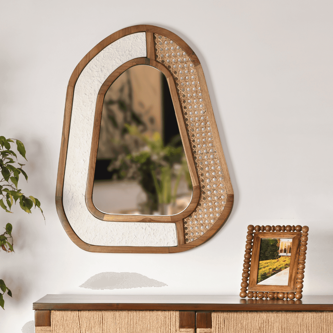 Pinnacle Natural Teakwood Cane Wall Mirror | Decorative Wall Mirrors for Living Room
