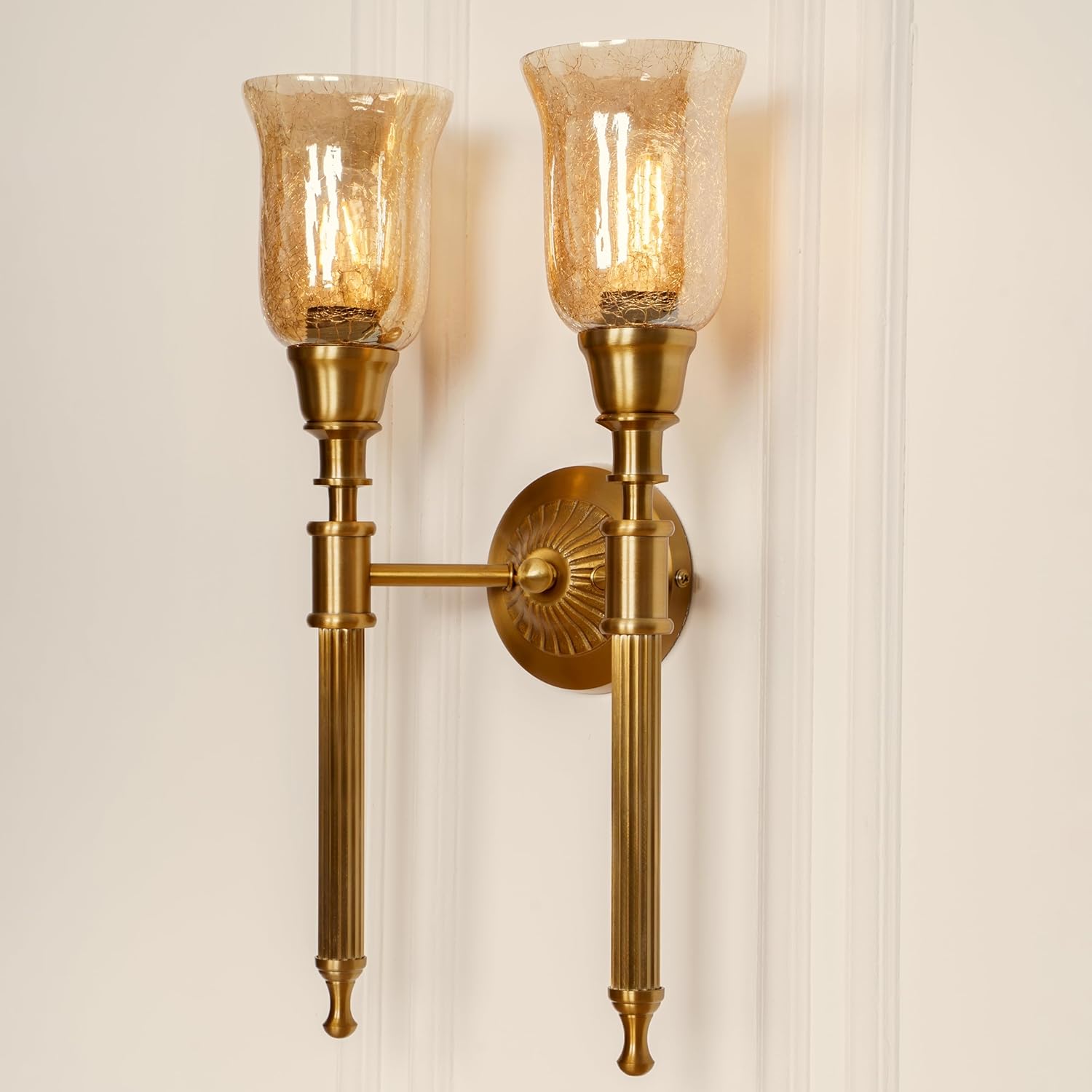 Double Corrugated Wall Lamp Antique Brass Finish with Chimney Crackled Glass Shade for Living Room, Bedroom, Home Decoration Wall Light