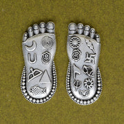 Silver Plated Brass Lakshmi Charan | Sacred Goddess Feet With Ashtamangala Symbols On Rose Quartz