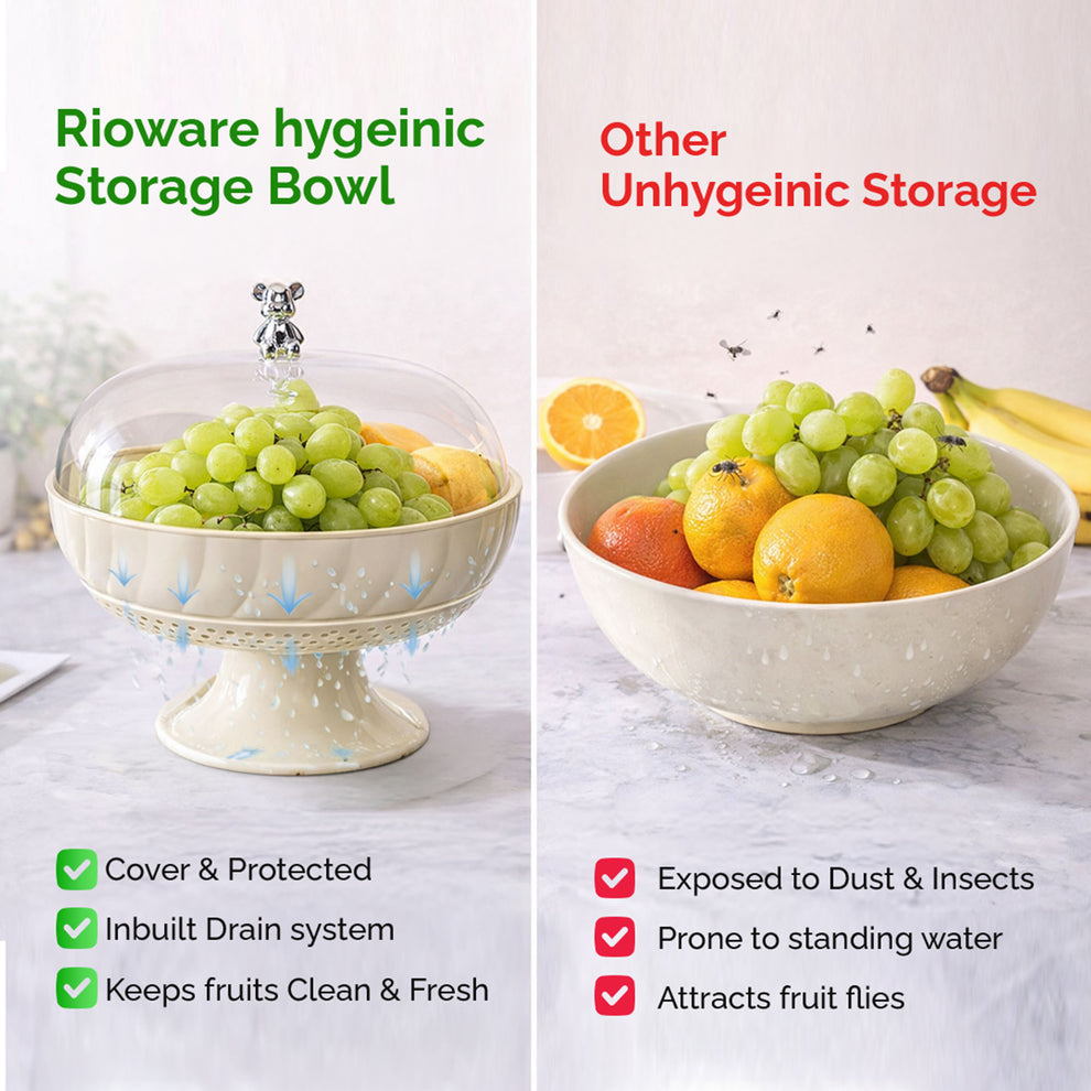 Fruit Storage Bowl with Lid & Drain Tray- 10 Inch | Multi-Functional Fruit Basket with Built-in Drainer | Dustproof Cover | Serving Tray for Fruits, Vegetables & Snacks | Kitchen & Dining Use