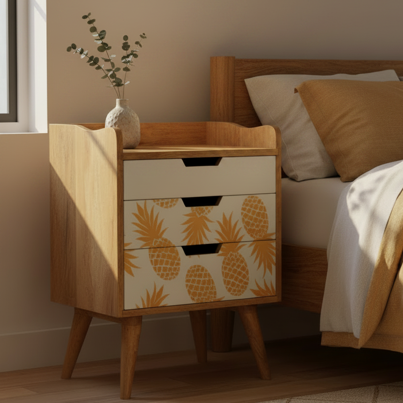 Pineapple Screen Printed Solid Mango Wood Bedside Table