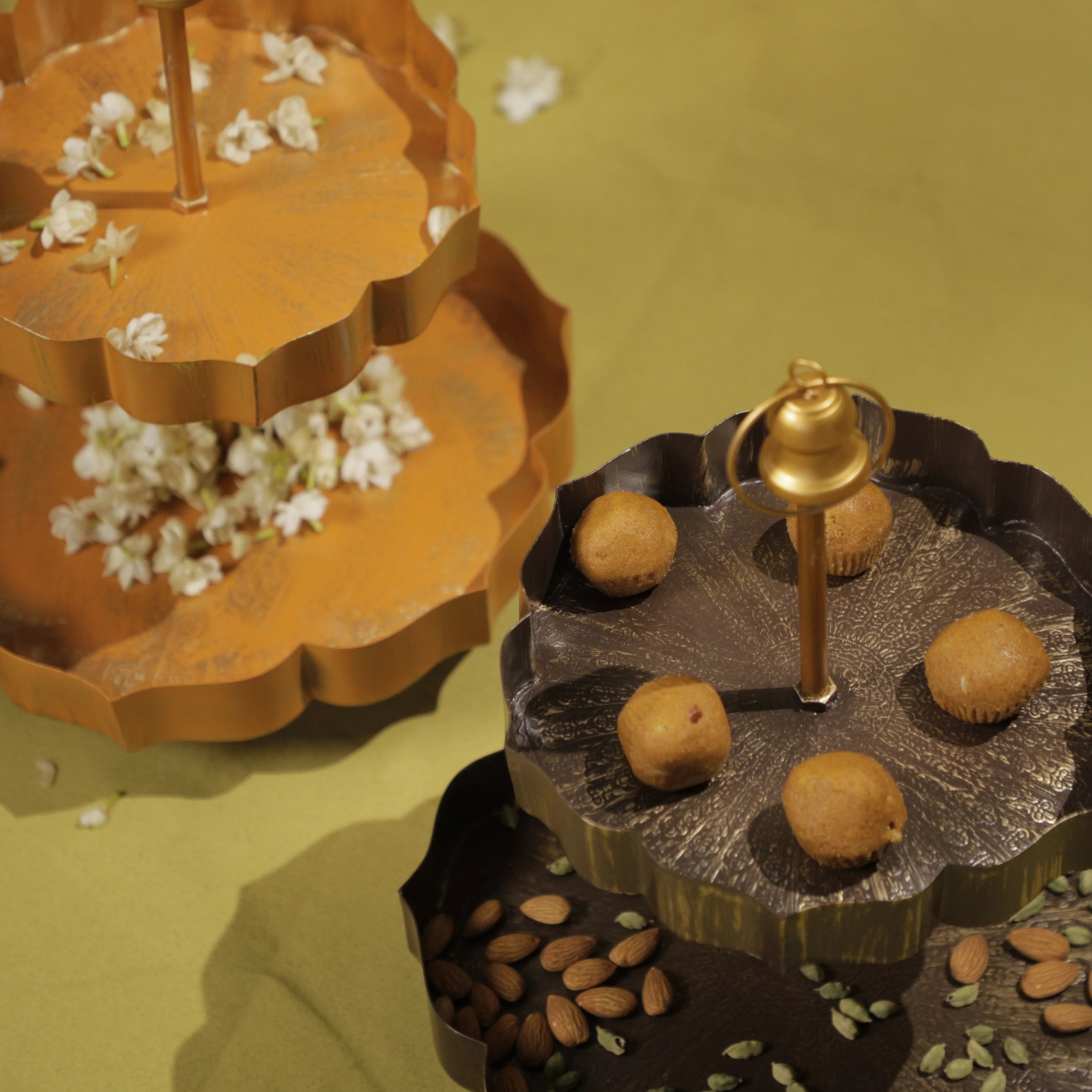 Handcrafted Two-Tier Metal Flower-Shaped Urli Stand