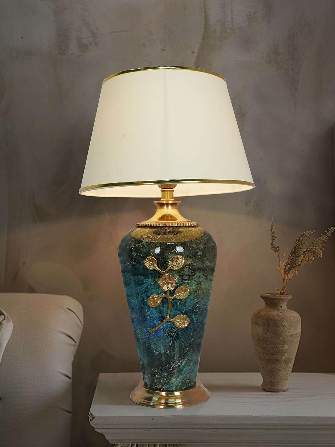 Green Marble Effect Table Lamp with Off-White Tapered Shade