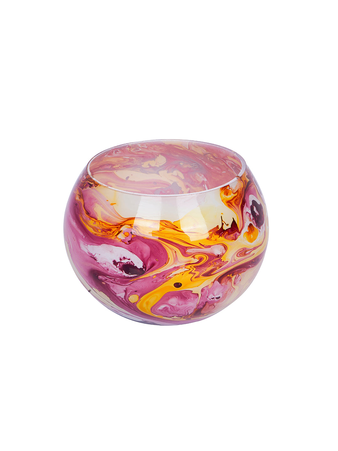 Swirling Sunset: Round Glass Tea Light Holder with Red & Yellow Marble Effect
