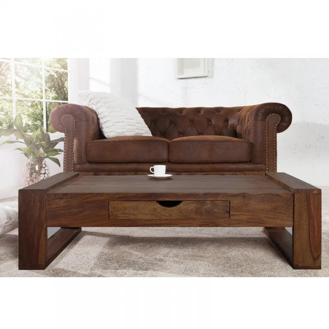 Riverton Solid Sheesham Wood Coffee Table With Drawer In Honey Finish