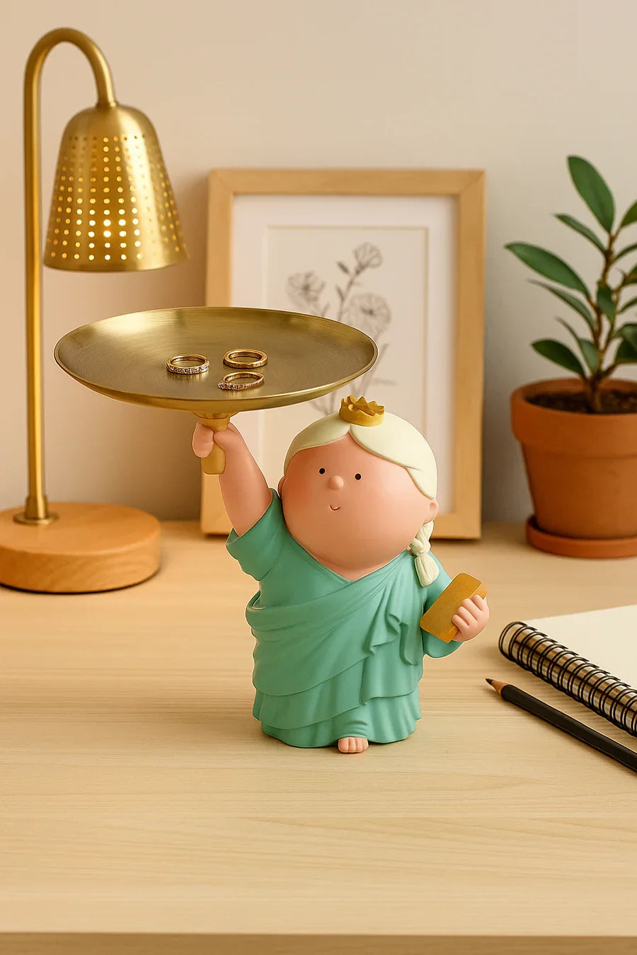 Resin Table Decor Statue with Golden Tray | Cute Lady Holding Plate Figurine