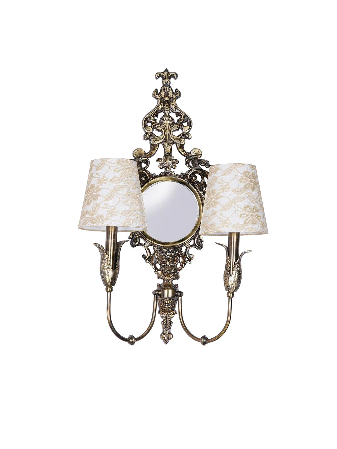 Opulent Antique Brass Wall Lamp with Mirror and Lace Shades