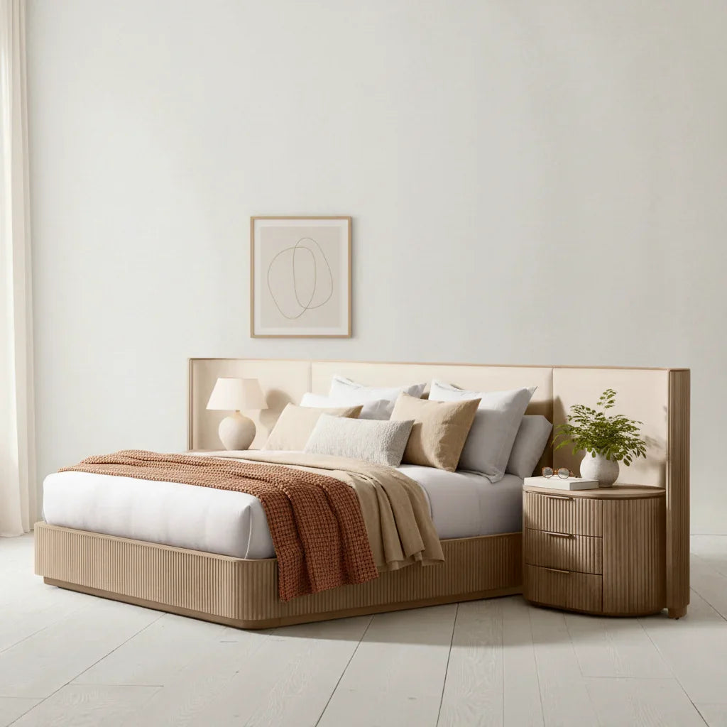 Virelle Solid Teak Wood And Fabric Upholstery King Size Bed