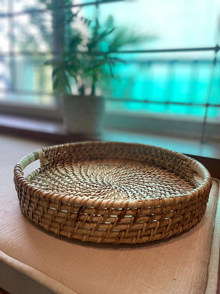 Handwoven Cane Serving Tray With Designer Handle