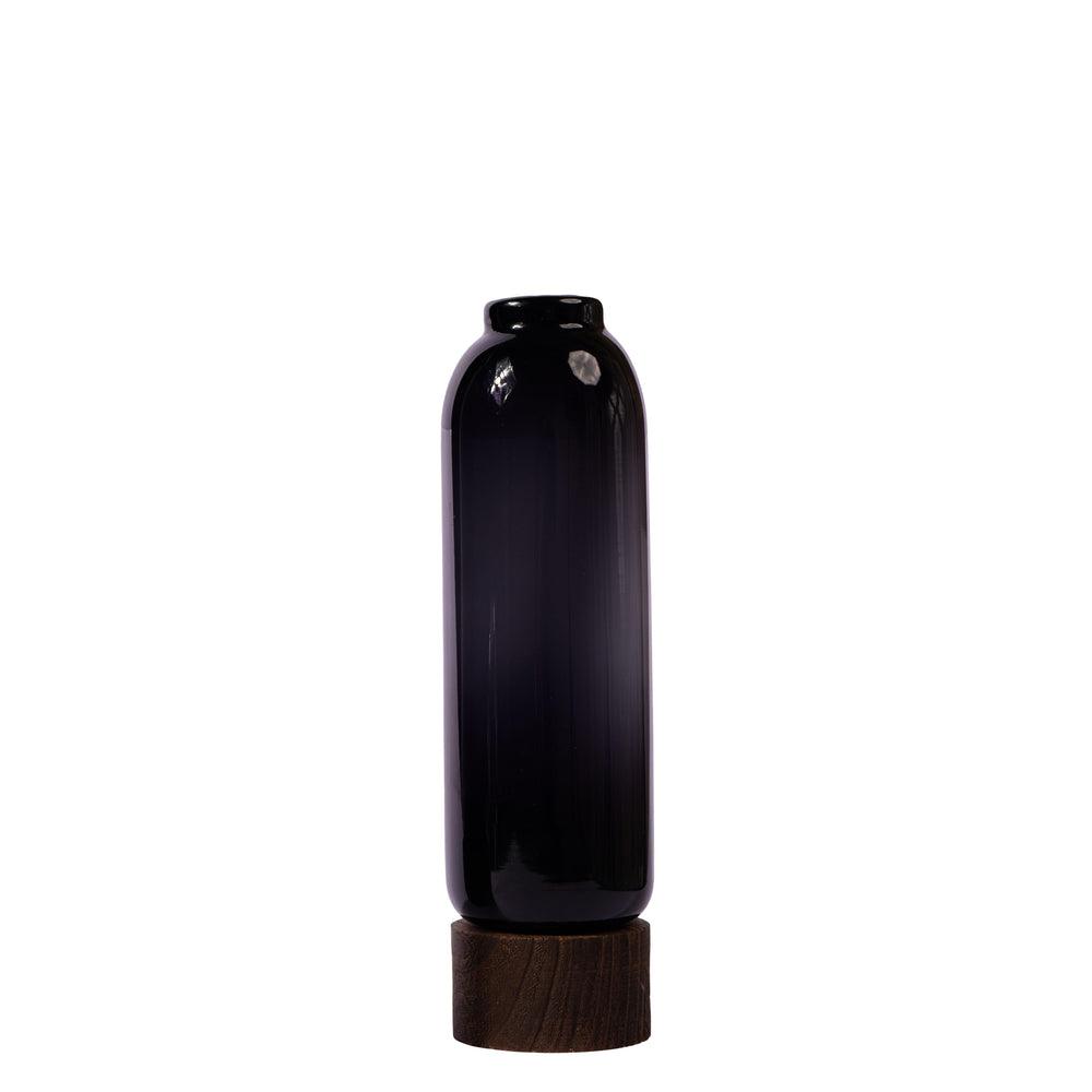 Saint Premium Flower Vase with Wooden Base | Elegant Black Glass Vase for Modern & Classic Décor