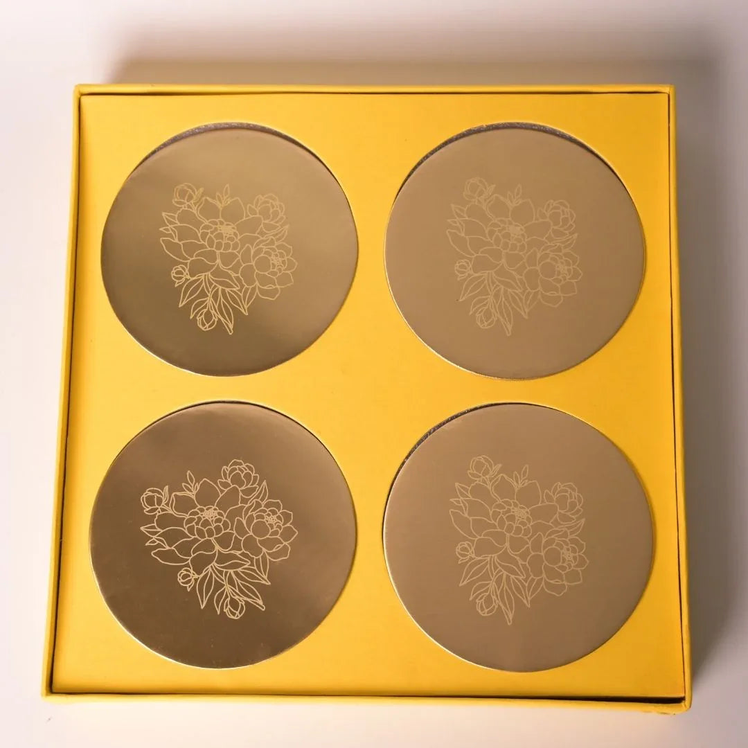 Pure Brass Coasters – Laser-Etched Peony Flower Design (Set of 4) | Luxury Drink Coasters for Home, Dining & Gifting