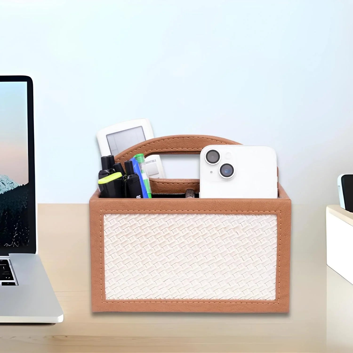 Square Vegan Leather Desk Organizer – 3-Compartment